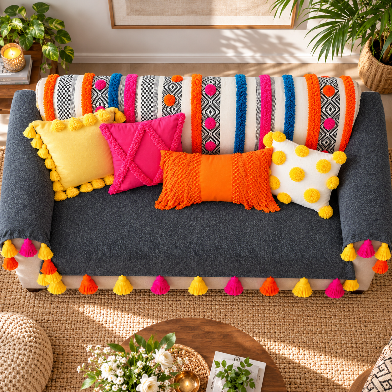 Grey Boho 3 Seater Sofa Cover With Tassels|Diwali Living Room Decor