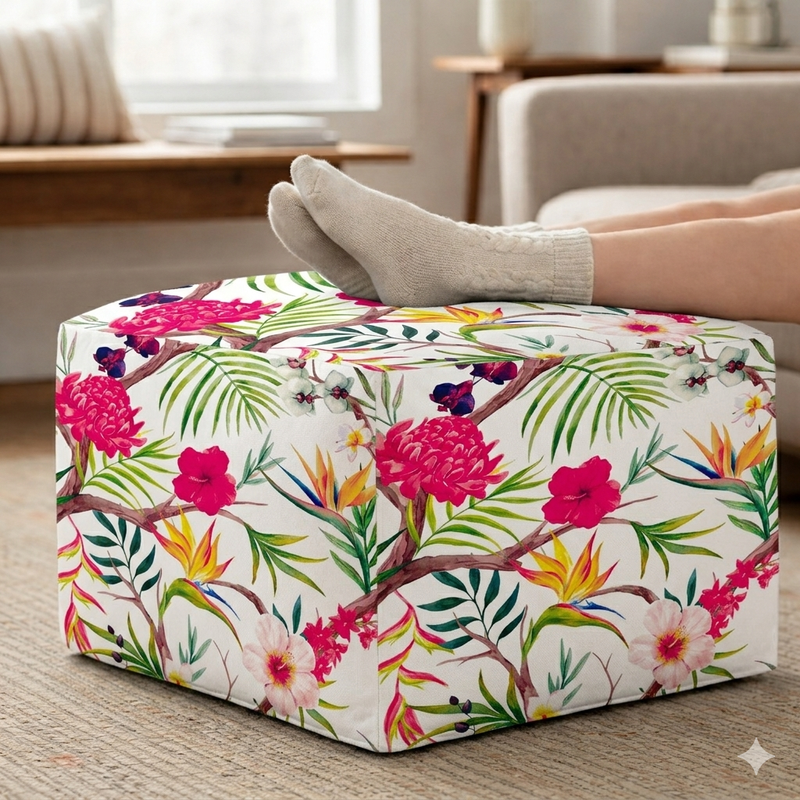 Thumbnail: Neutral Floral Full Coverage Pouff Cover Square Full Cover-14"X14" Pouffe Seat