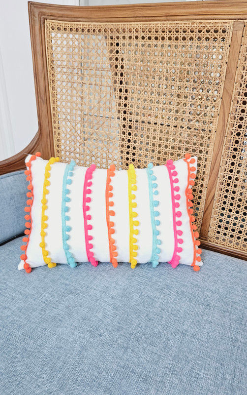 Miniatiūra: White with Multicolor Pom-Pom Rectangular Cushion Cover with Filler 12x18 Inches