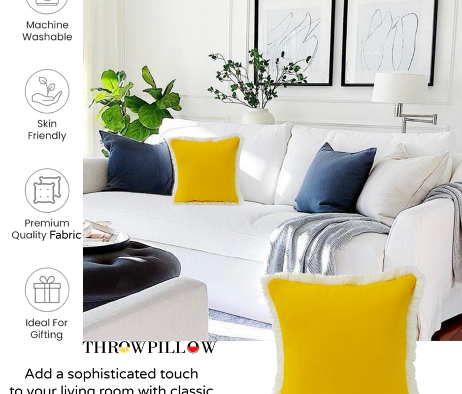 Thumbnail: Mustard Yellow Fringed Soft Touch Square Cushion Cover for Sofa 24x24 Inches