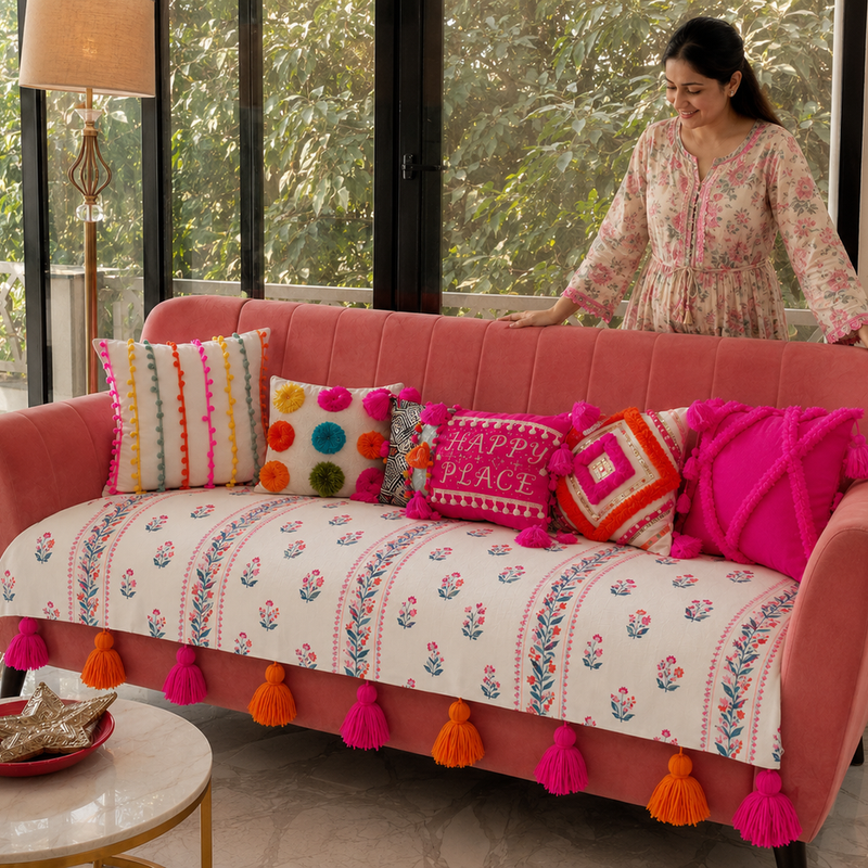 الصورة المصغرة: LShape Sofa Cover With Tassel Rangotsav Floral 2 Seater + 3 Seater + 1 Corner