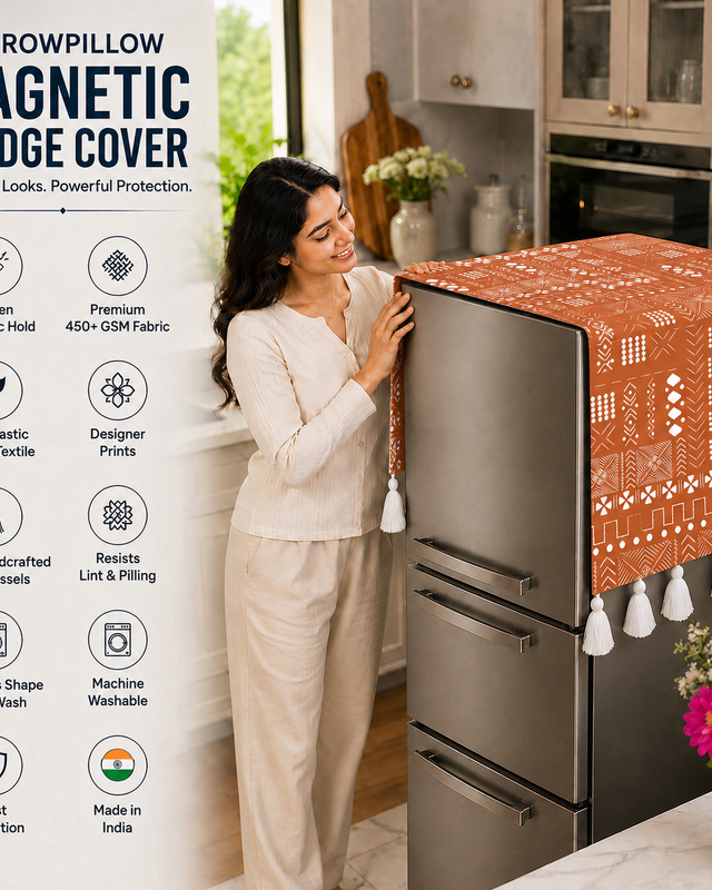 Fridge Cover Triple Door 100-250 L|Tassels & Pocket|Orange Terracotta Cover