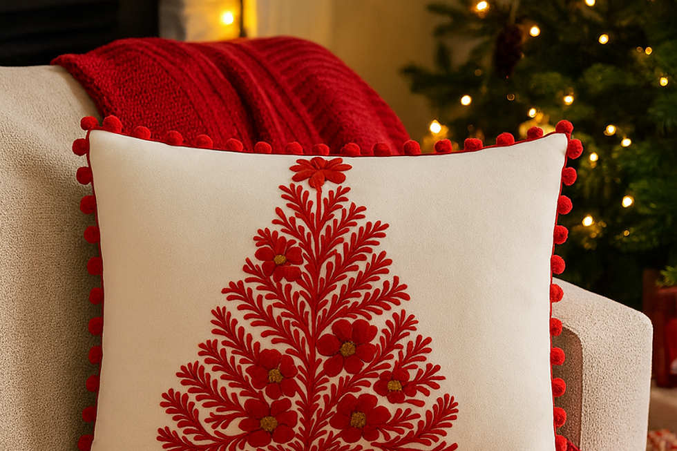 Thumbnail: Printed Christmas Luxe Red Pom Pom Accent Rectangular Cushion Cover 12x18 Inches