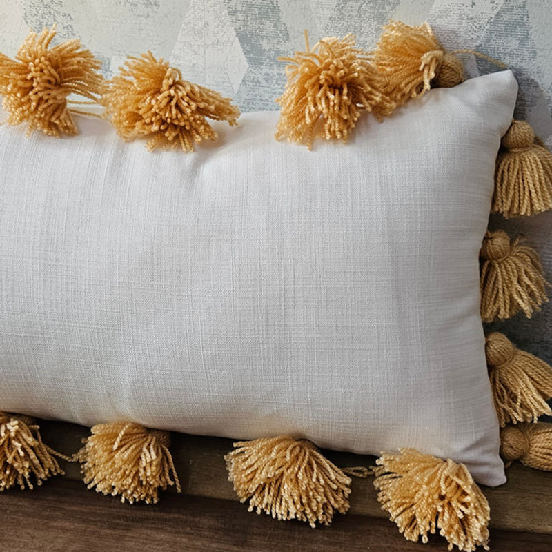 थंबनेल: Boho White with Tan Tassels Rectangular Cushion Cover with Filler 12x18 Inches