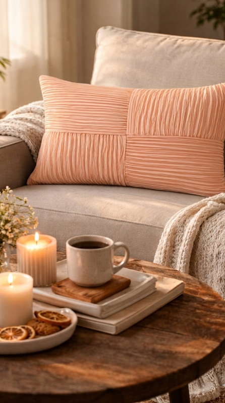 サムネイル： Blush Peach Patchwork Rectangular Cushion Cover 12x24 Inches