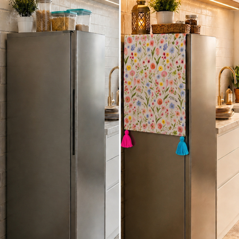 Μικρογραφία: Floral Small Single Door Magnetic Fridge Cover With Corner Tassels 100-250 L