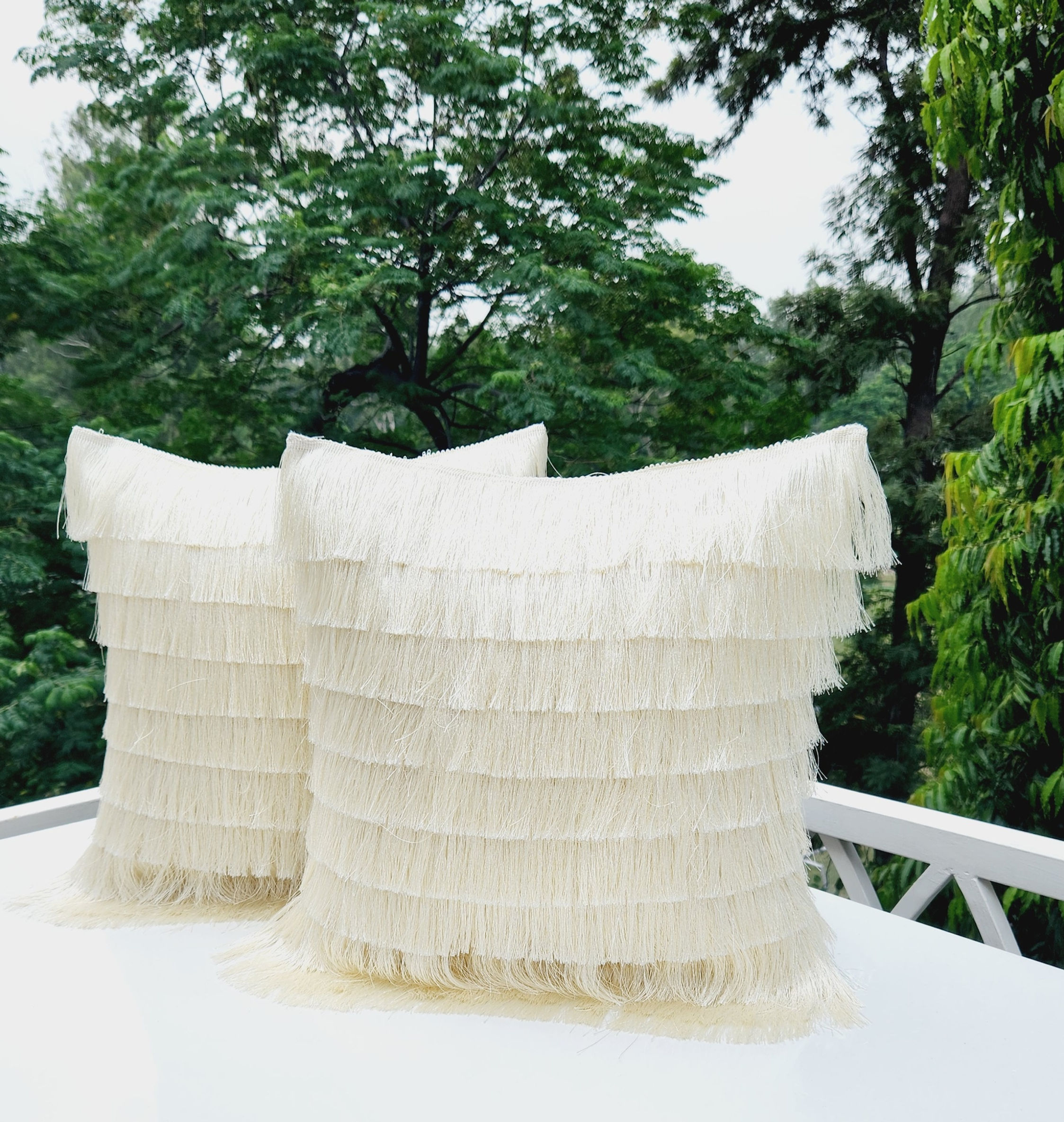 Neutral White Fringe Cushion Cover