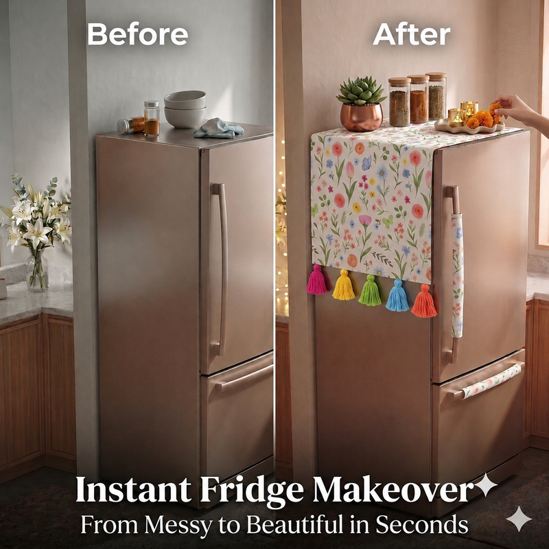 Miniaturebillede: Fridge Cover Large Double Door 400+ L|Large Tassels|Floral Refrigerator Cover