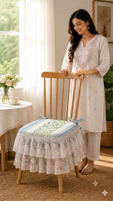 섬네일: Blue Blossam Lace Frill Dining Chair Seat Cover|18"x18" SEAT |FRILL CHAIR COVER