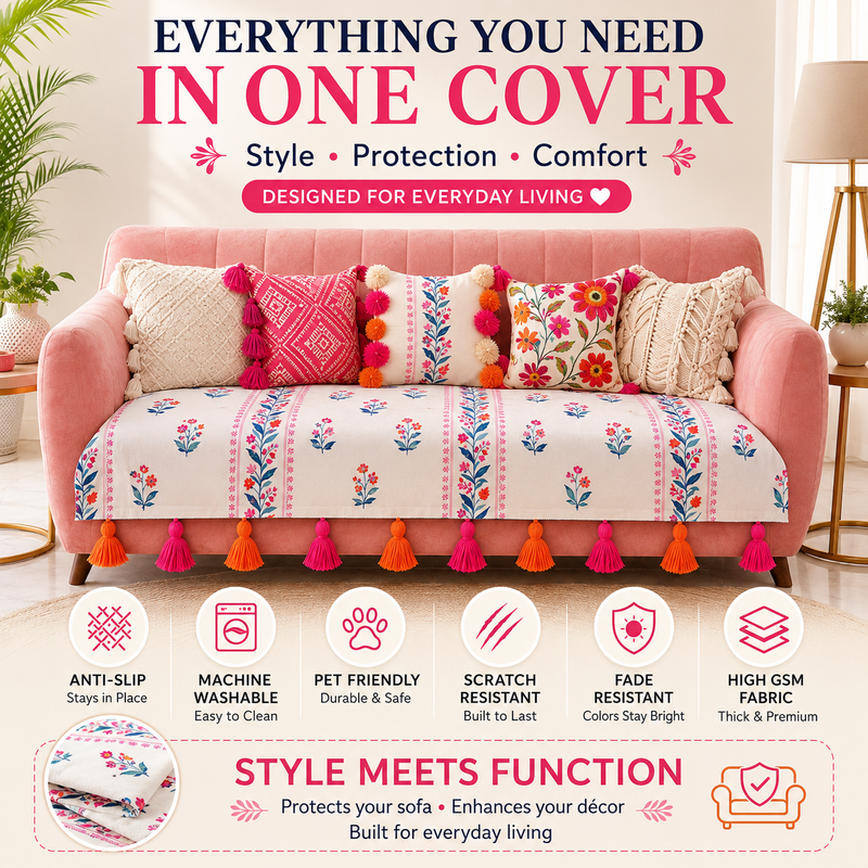 Thumbnail: LShape Sofa Cover With Tassels|Rangotsav Floral| 2 Seater + Lounger + Ottoman