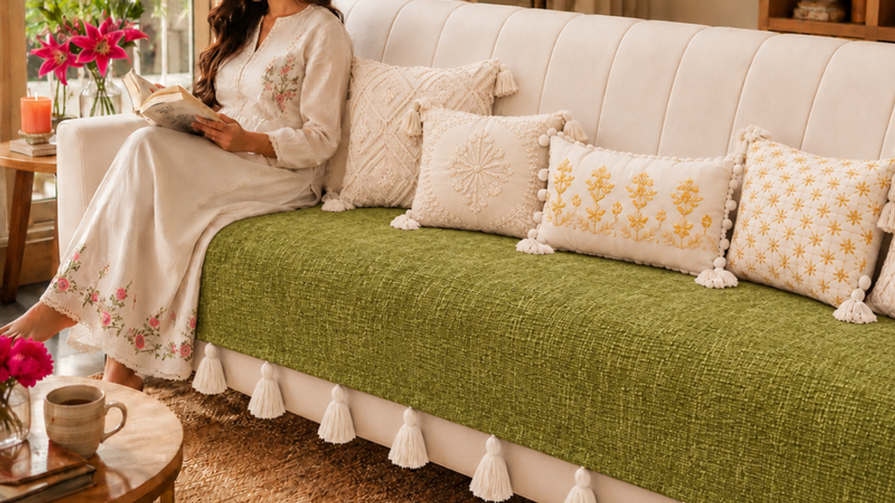 Olive Green 3 Seater+2 Seater+Corner L Shape Sofa Cover With Tassels|Seat Cover