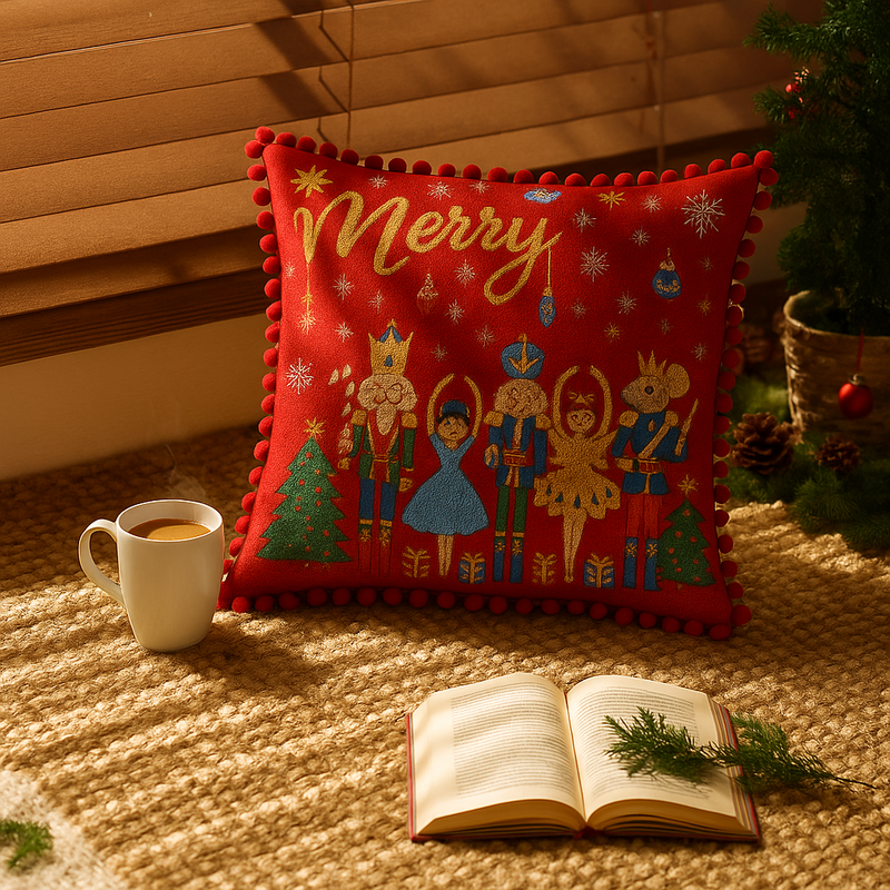 Miniaturbild: Christmas Nutcracker Red Gold Pom-Pom, Festive Square Cushion Cover 16x16 Inches
