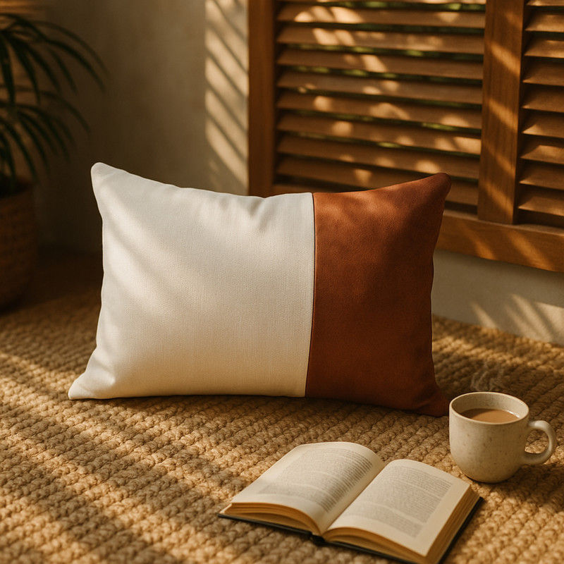 Indexkép: White and Brown Faux Leather Rectangle Cushion Cover with Filler 12x24 Inches