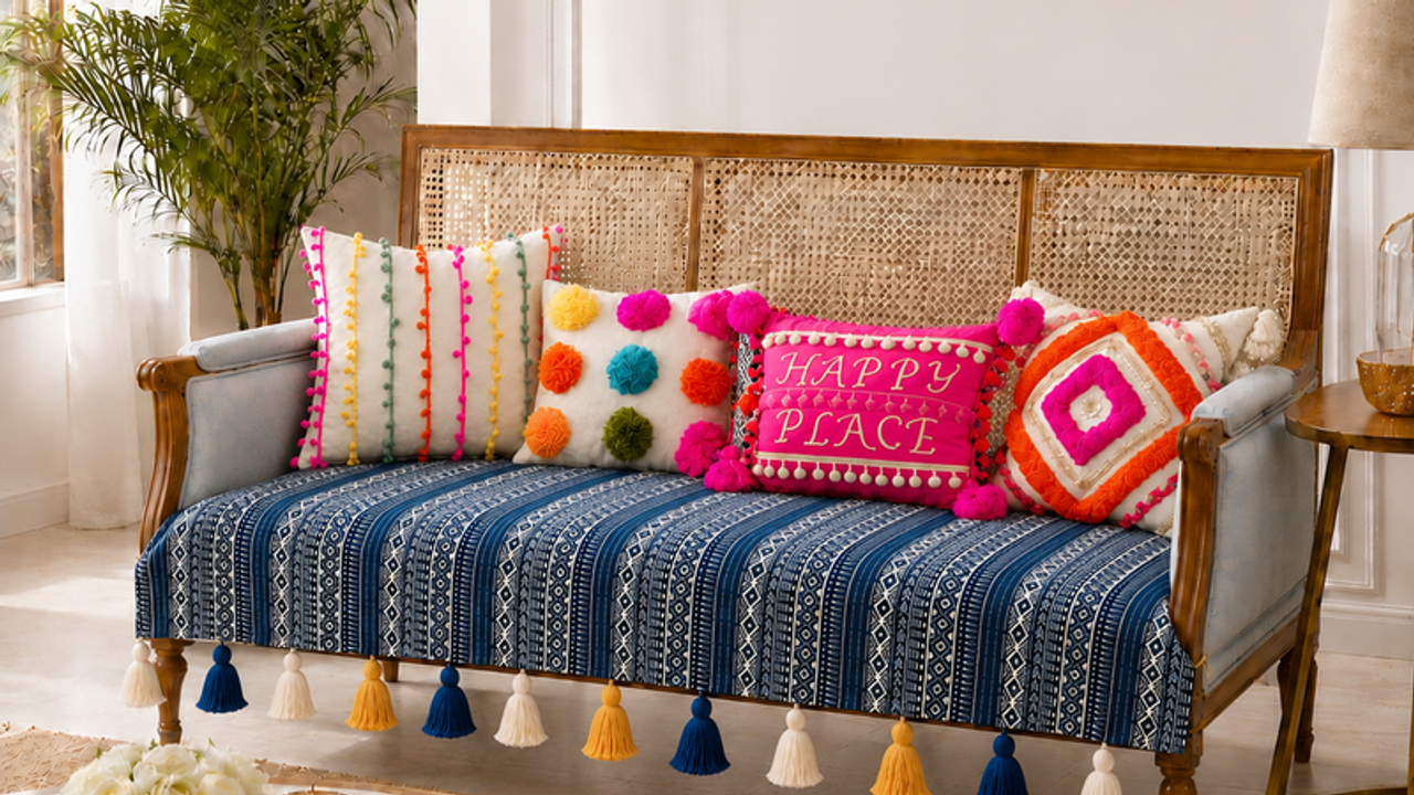 LShape 7 Seater Sofa Cover With Tassel Blue Tribal 3 Seater +3 Seater + 1 Corner