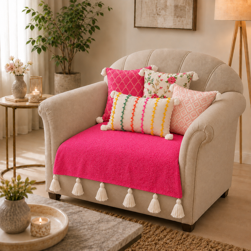 Pink Single Seater Sofa Cover With Tassel |Tassel Sofa Throw|Seat Cover