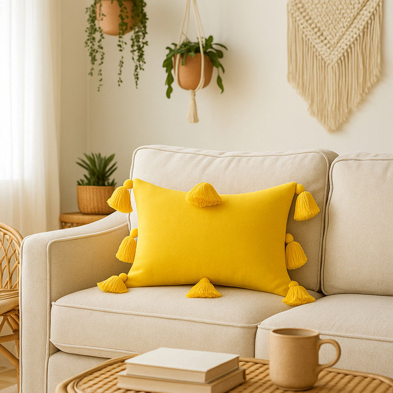 Μικρογραφία: Mustard Yellow Tassels Bohemian Rectangle Cushion Cover with Filler 12x18 Inches