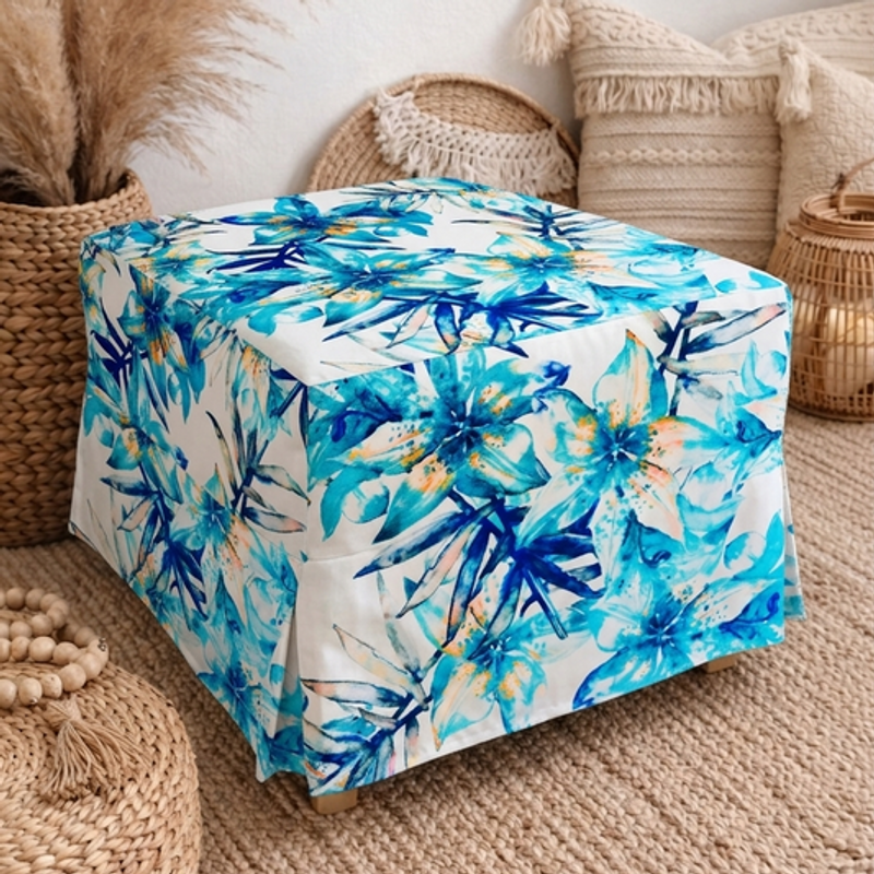 Blue Leaves Skirted Pouffe Cover Square Puffe Frill Cover-14"X14" Pouffe Seat