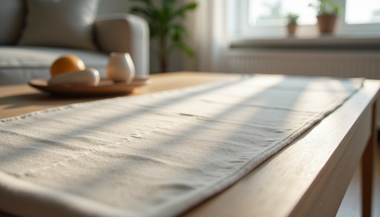 Close-up view of a cotton runner on a coffee table with a calm living room background