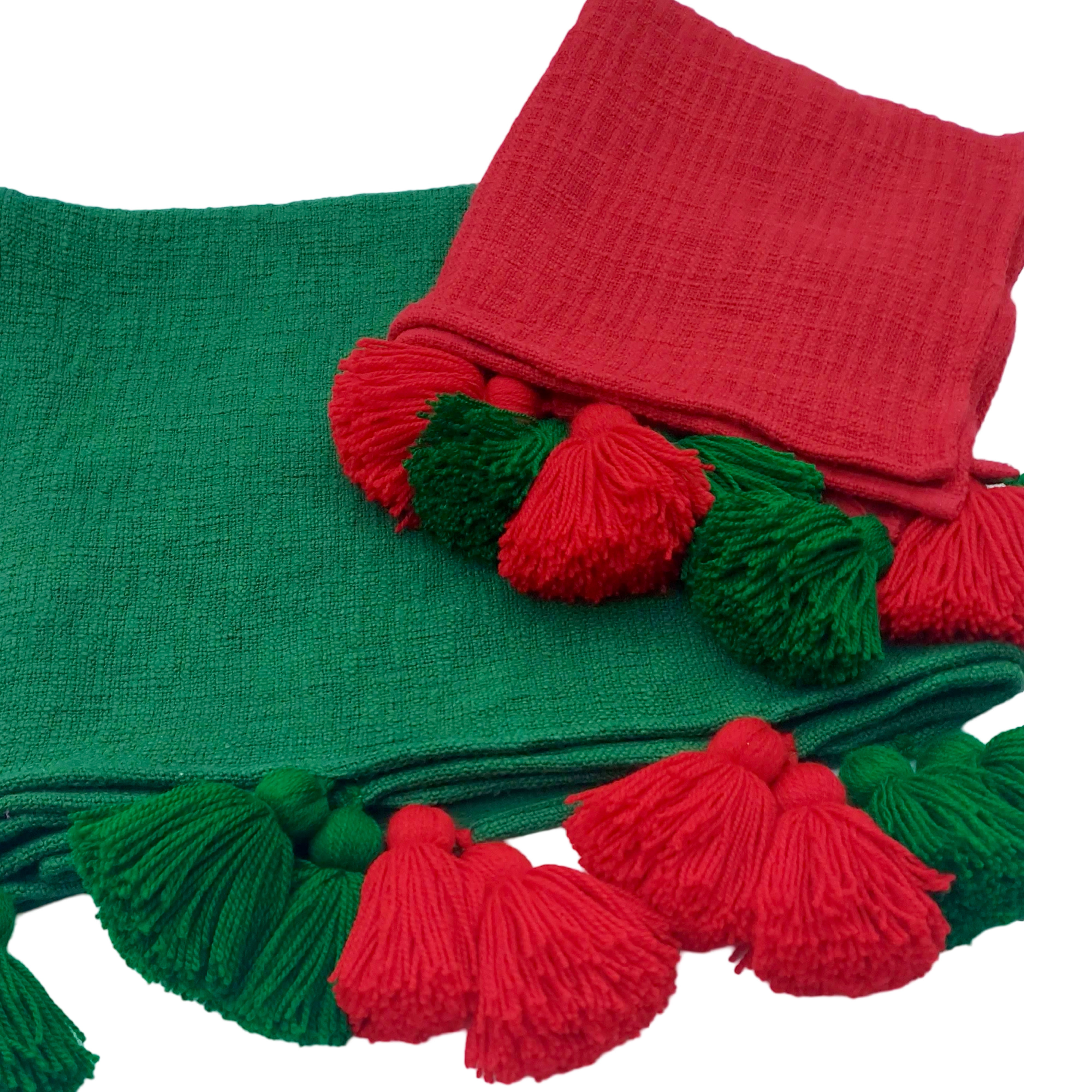 Eco-friendly basketweave pom pom tassel throw for holiday decor