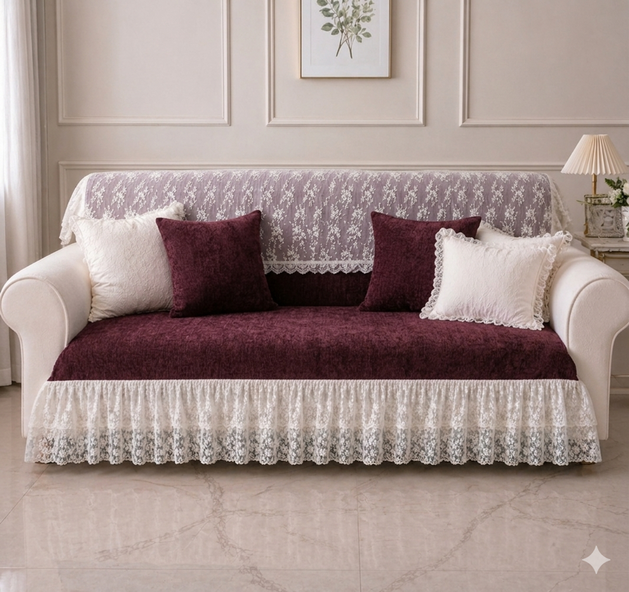 Brown 5 Seater Sofa Cover Set With Lace Frill |Lace Frill Sofa Throw 3+1+1Seater