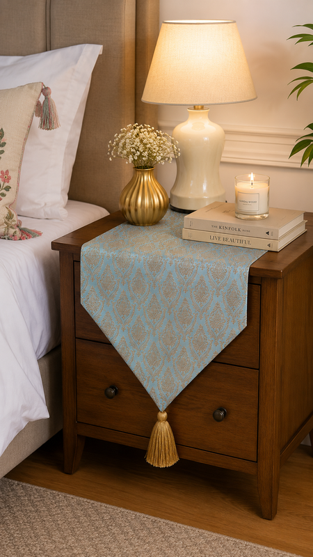Thumbnail: Ice Blue-Gold Table Runner |Nightstand, Bed Side Table Cabinet