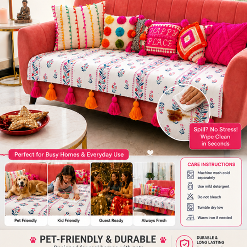 Thumbnail: LShape Sofa Cover With Tassels|Rangotsav Floral| 2 Seater + Lounger + Ottoman