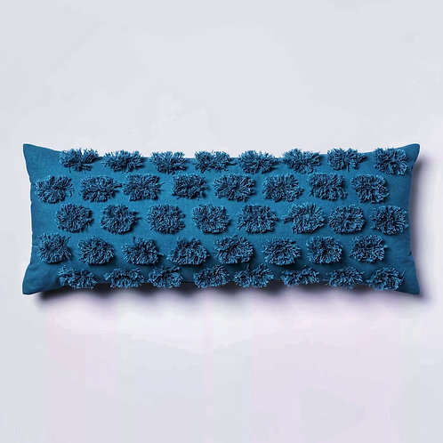 Teal Pom Pom Embellished Rectangular Cushion