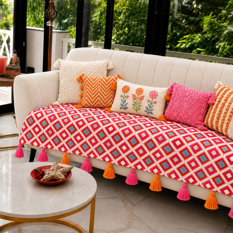 Red Diamond 8 Seater Sofa Cover With Tassels|U Shape Sofa Throw 4+2+2 Seater Set