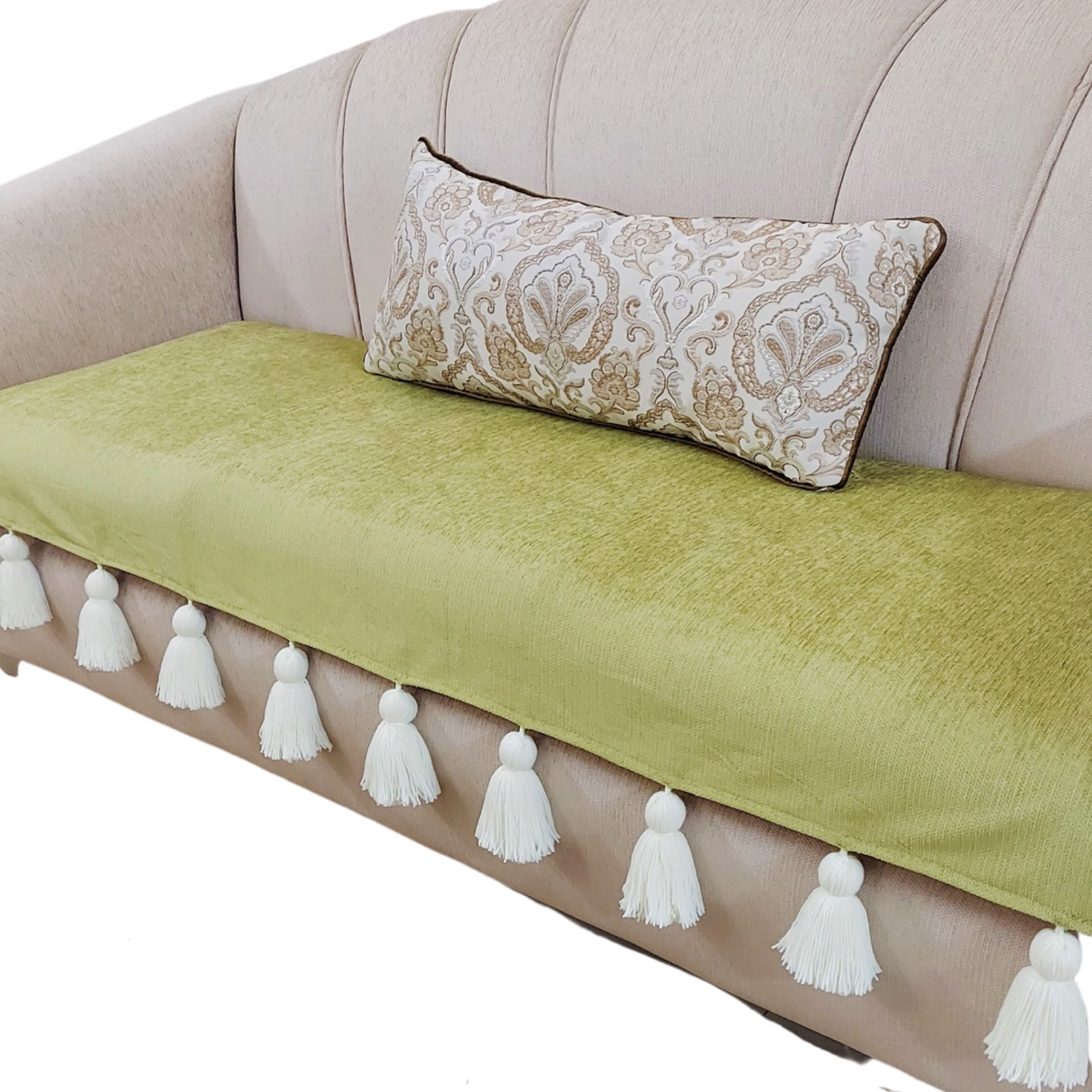 Olive Green Anti-Slip Premium Sofa Cover Throw With Off White Tassels
