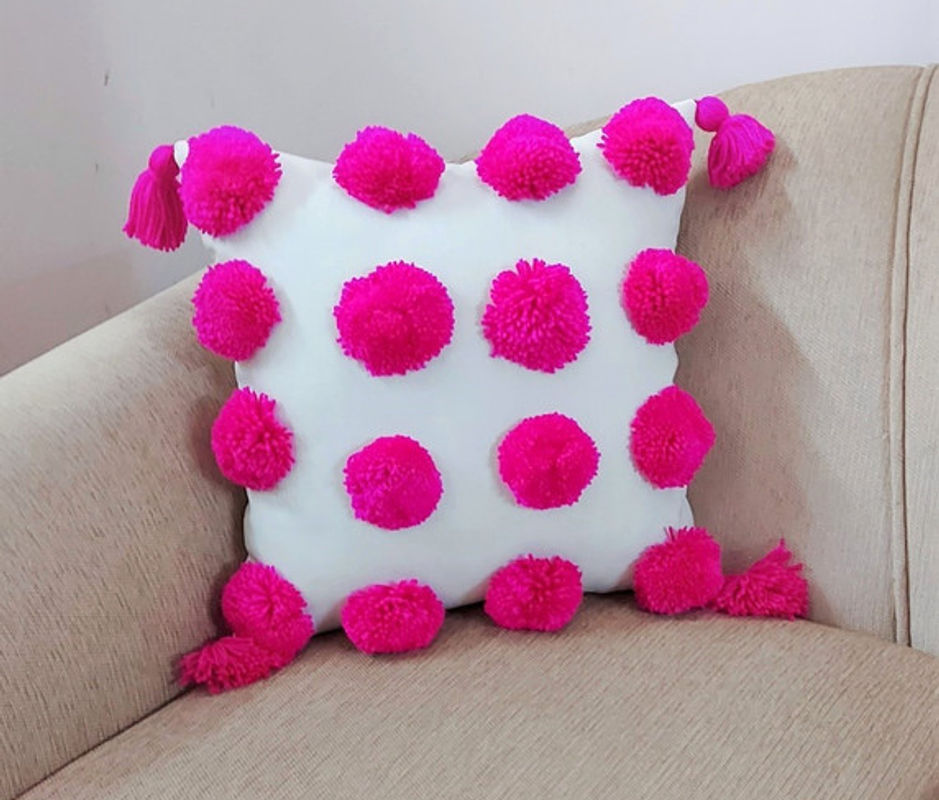Thumbnail: Pink Handmade Pom-Poms & Tassels, Boho Decor Square Cushion Cover 16x16 Inches