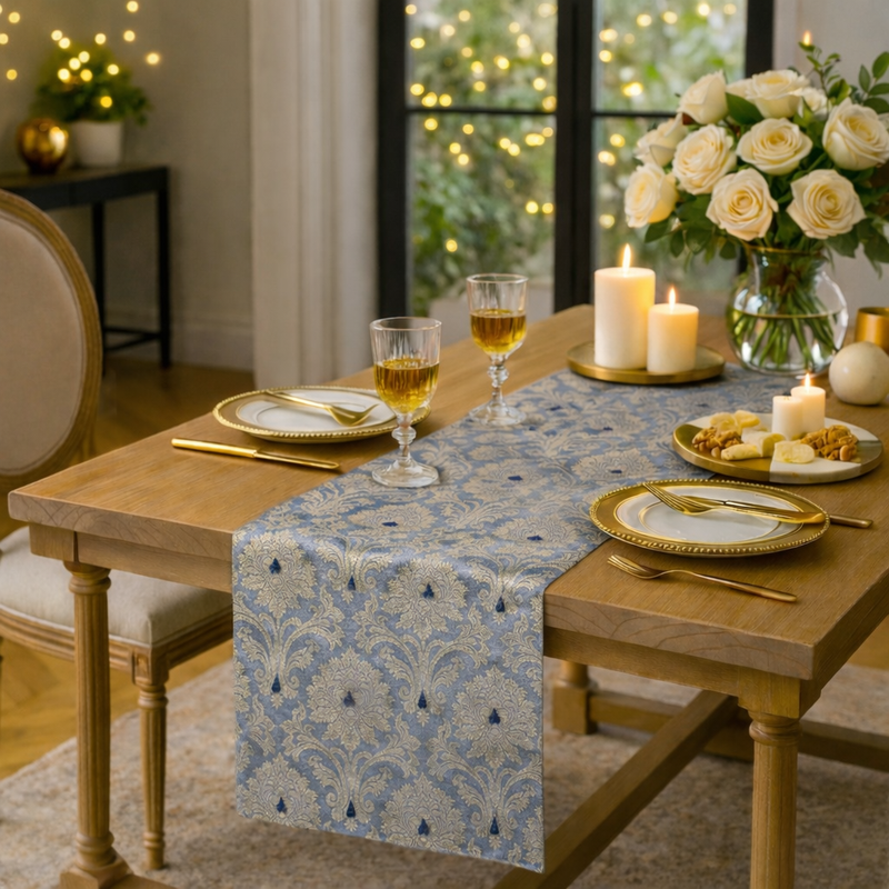Μικρογραφία: Luxury Grey Banarsi Brocade Woven Grey Silk Table Runner Dining Decor