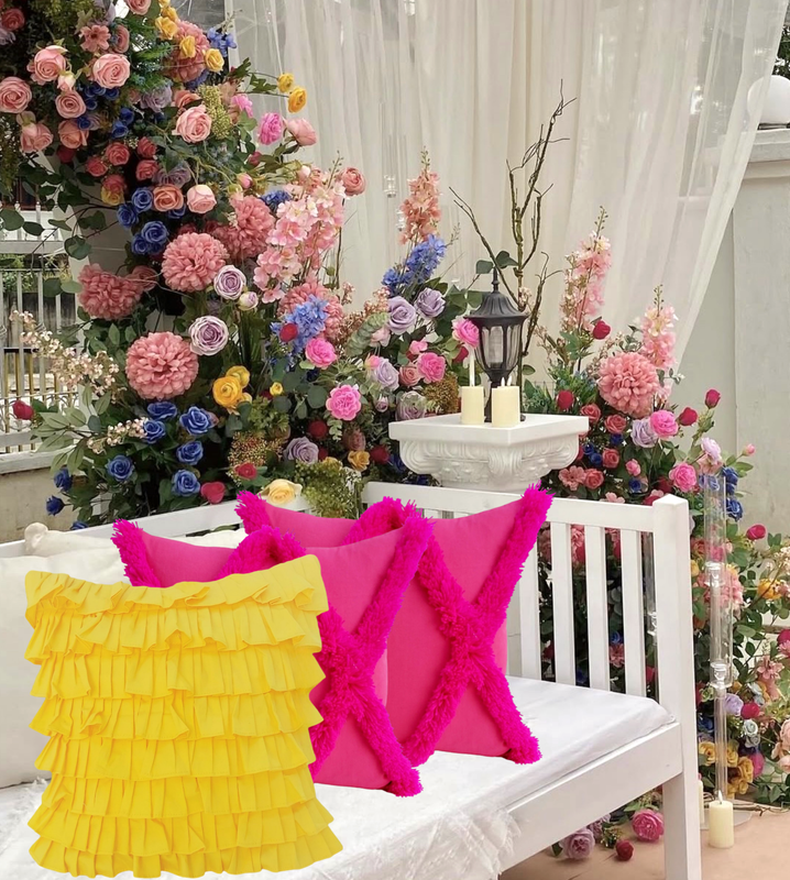 Thumbnail: Handcrafted Yellow Frilled Cotton Square Cushion Cover with Filler 12x12 Inches