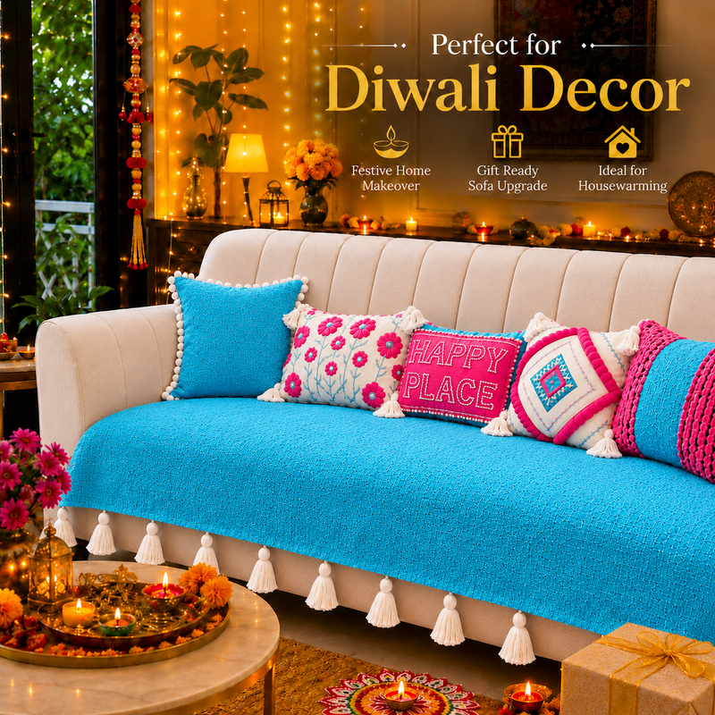 LShape 5 Seater Sofa Cover With Tassels |Blue| 2 Seater + Lounger + Ottoman