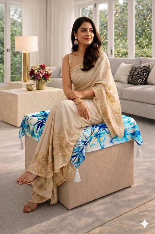 Minijatura: Blue Leaves Pouf Cover With Corner Tassels Square 14"X14"|24X24" Pouffe Cover