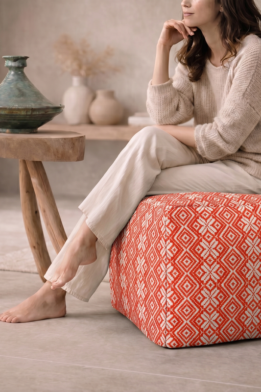 Миниатюра: Orange Aztec Full Coverage Pouff Cover Ottoman Full Cover-16"X24" Pouffe Seat