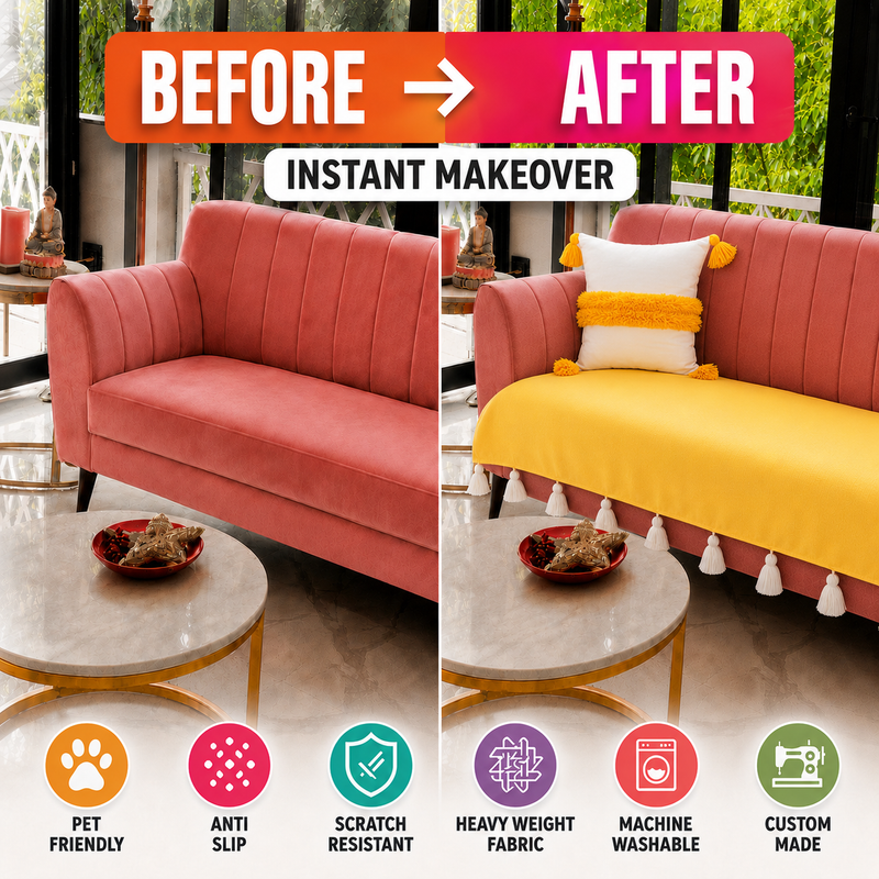 Miniatura: Yellow 3+3+2 Seater Sofa Cover With Tassels|8 Seater Sofa Cover Set|Seat Cover