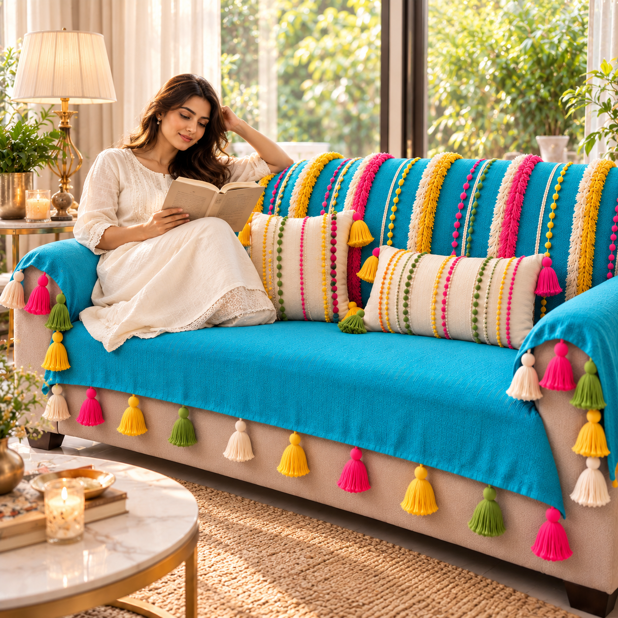Sunlit Teal Boho 3 Seater Sofa Cover With Tassels|Diwali Living Room Decor