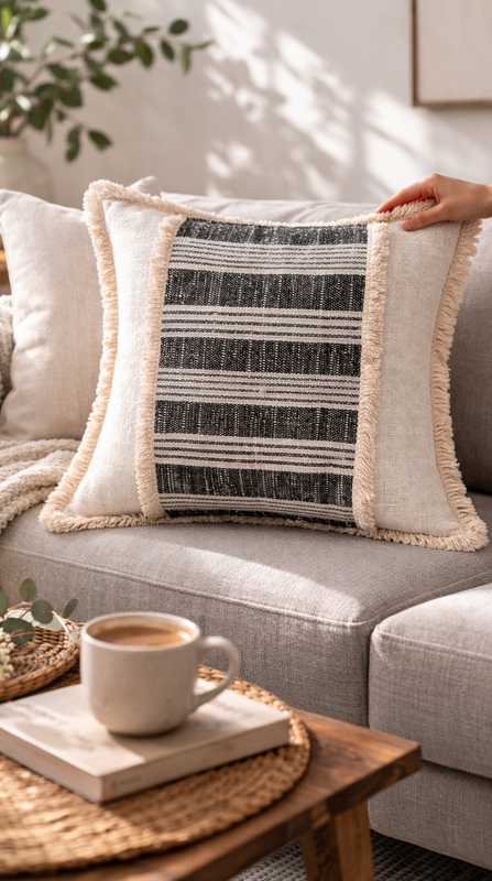 Miniatiūra: Black & Cream  Woven cotton Large Square Cushion Cover 22x22 Inches