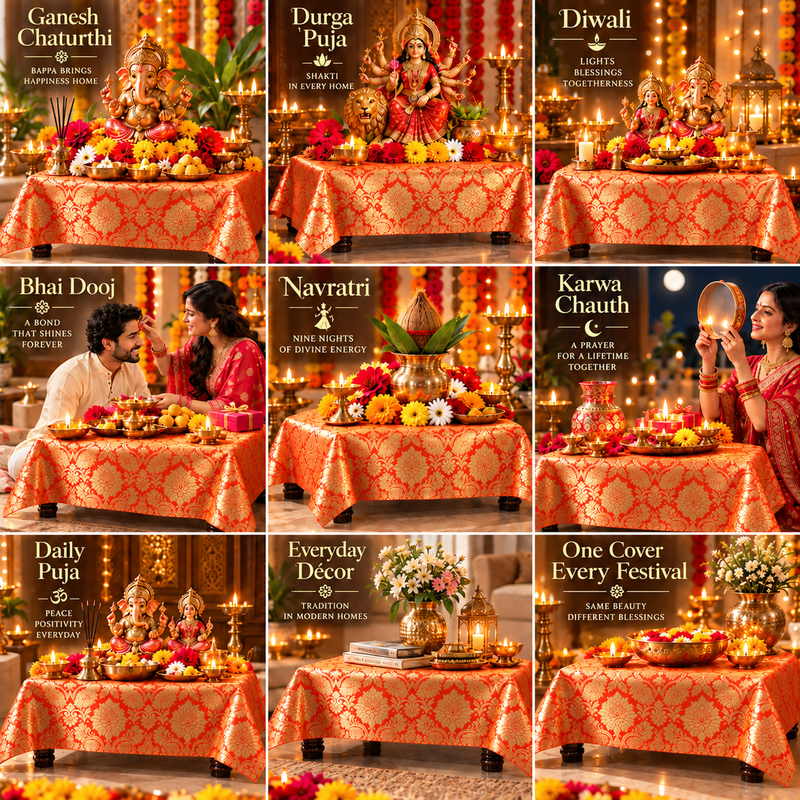 Oarnge Silk Brocade Pooja Asan Cover 12 Inches |Square Table(S)