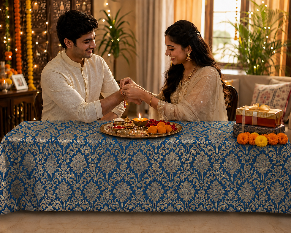 Thumbnail: Blue Brocade Silk Round Thali & Chowki Cover