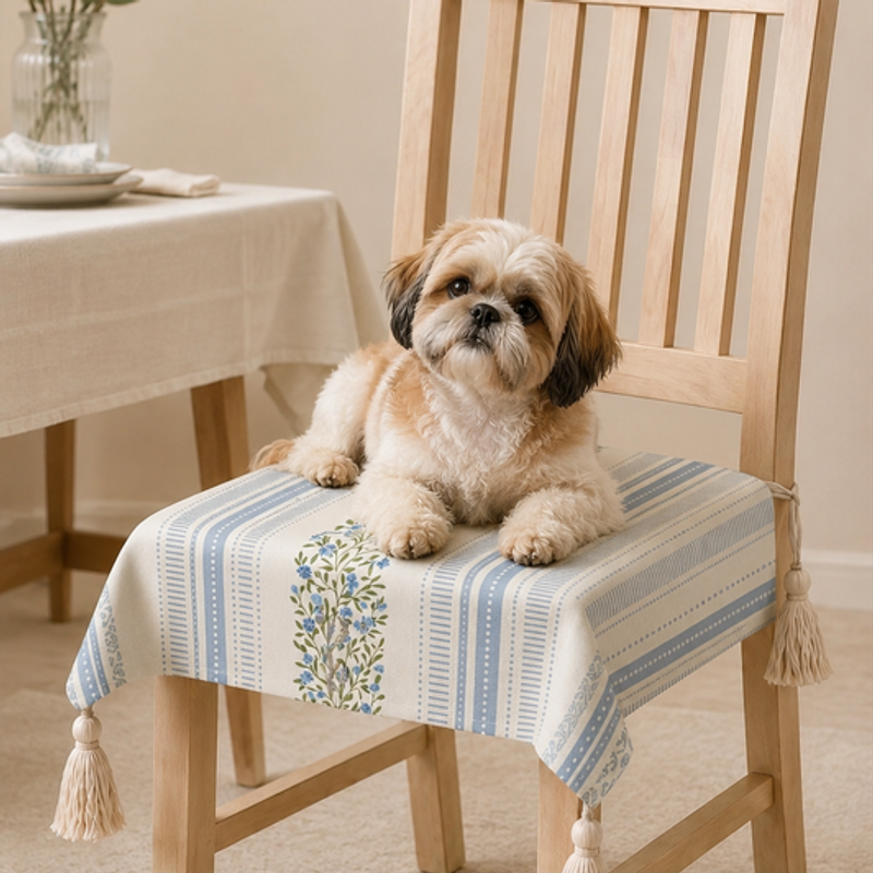 Thumbnail: Blue Blossam Tassel Dining Chair Seat Cover|20"x22" SEAT TOP| CHAIR COVER TASSEL