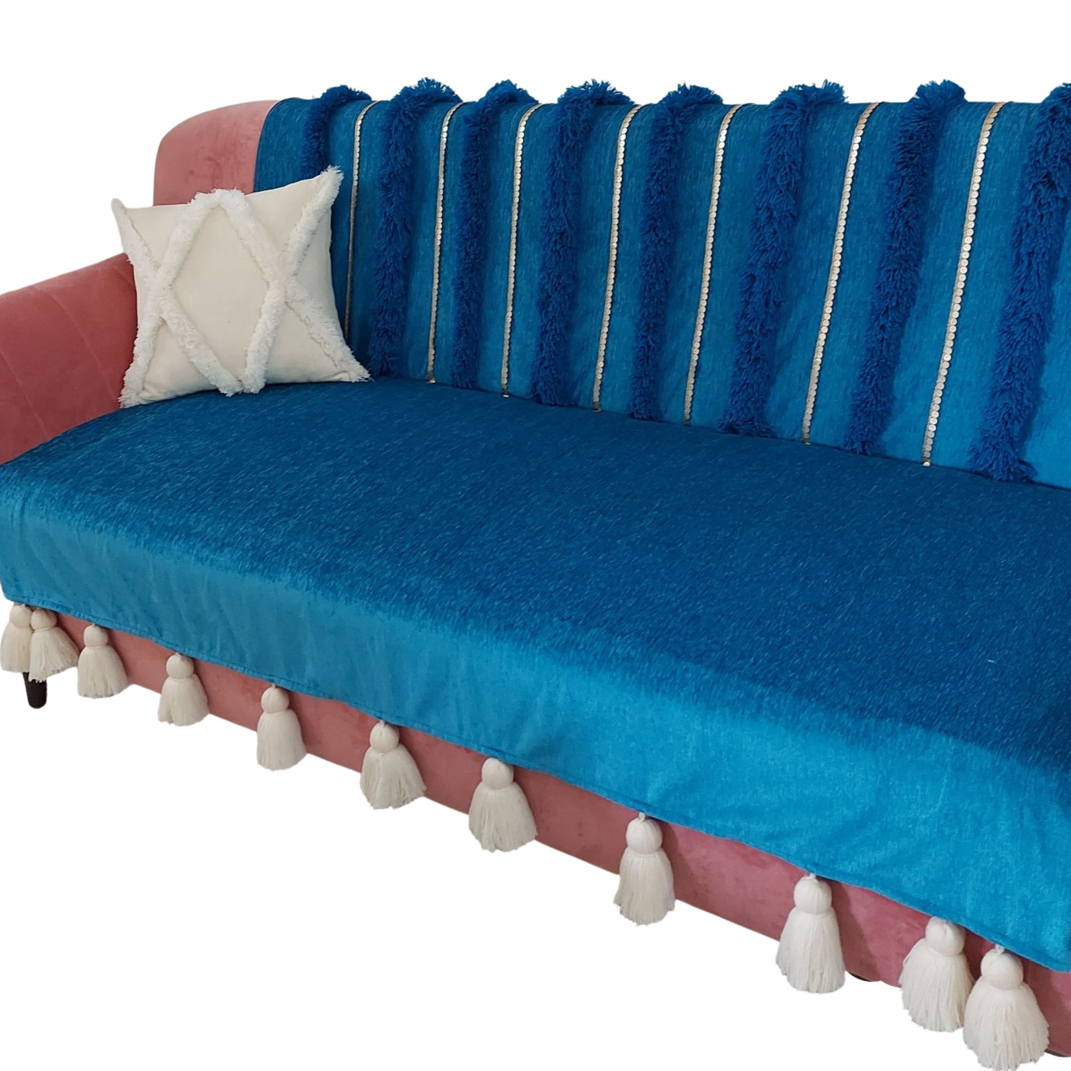Teal Blue Moroccan Hand Embroidered Sofa Cover with Tassels –Boho Sofa Throw