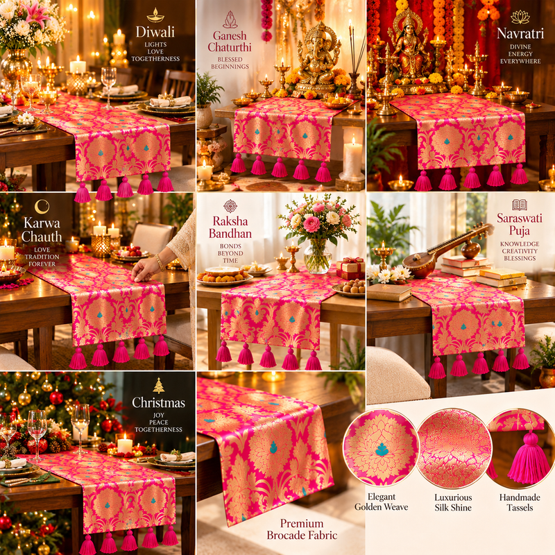 Rose Pink Brocade Tassel Table Runner 13x72" | Dining & Center Table D�cor