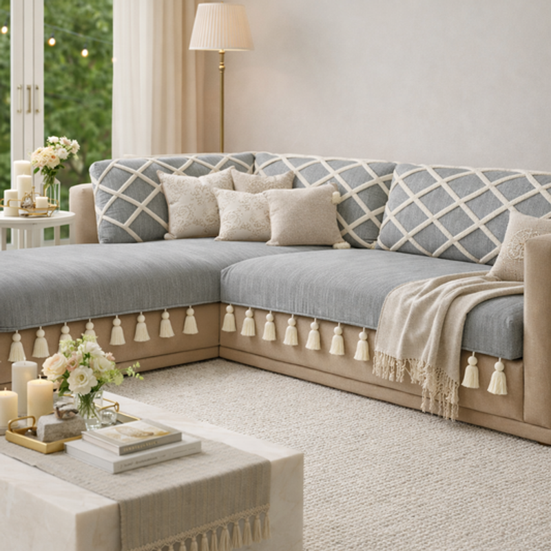 Miniatura: LShape 5 Seater Sofa Cover With Tassels |Grey|3 Seater + Lounger + Ottoman