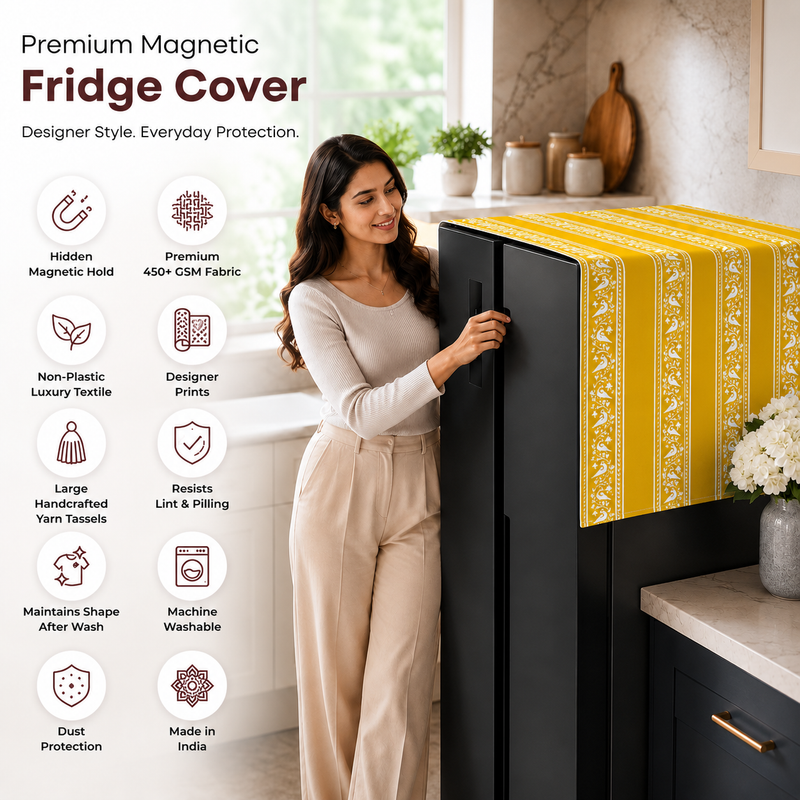 Hình thu nhỏ: Bird Pattern Large Double Door Fridge Cover With Corner Tassels 400+ L
