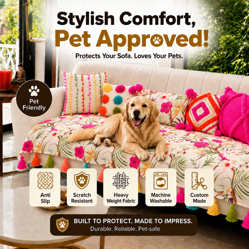 Thumbnail: L Shape Sofa Cover With Tassels|Neutral Floral| 2 Seater + 2 Seater Lounger
