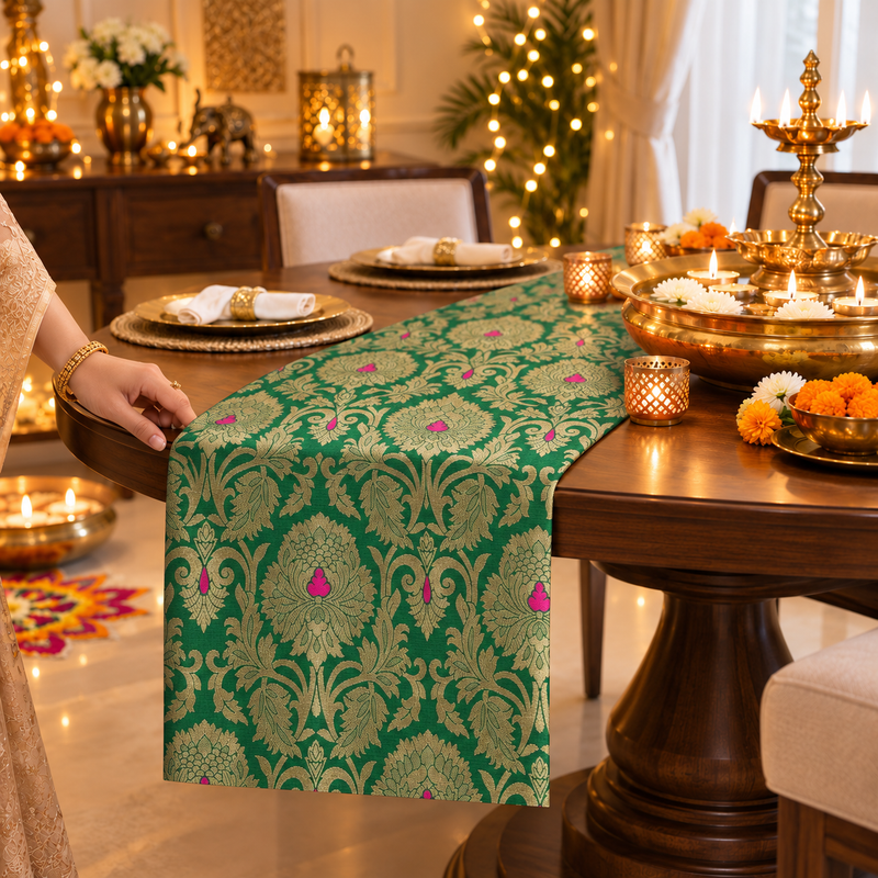 Green Brocade Tassel Table Runner 13x72" | Dining & Center Table D�cor