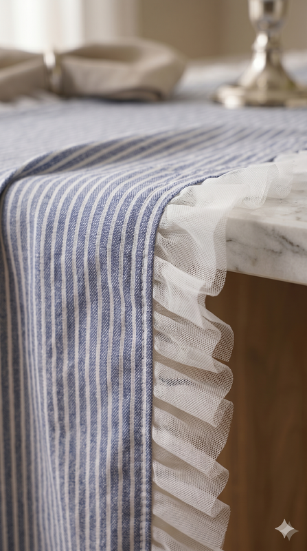 Miniature : Blue-And White Stiped Table Runner Center Dining Table, Entry Console