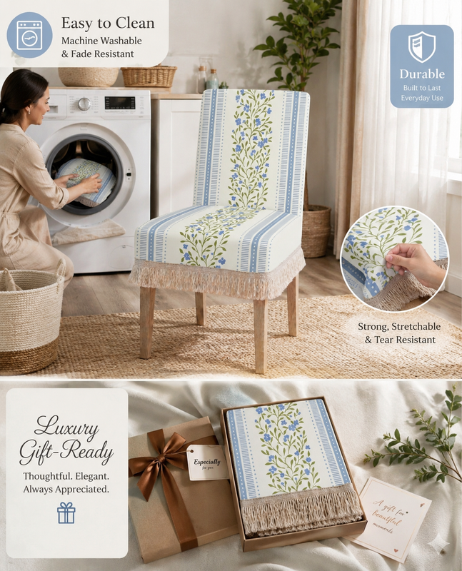 Miniatura: Blue Blossam Boho Fringe Dining Chair Seat & Back Cover|20"x22"
