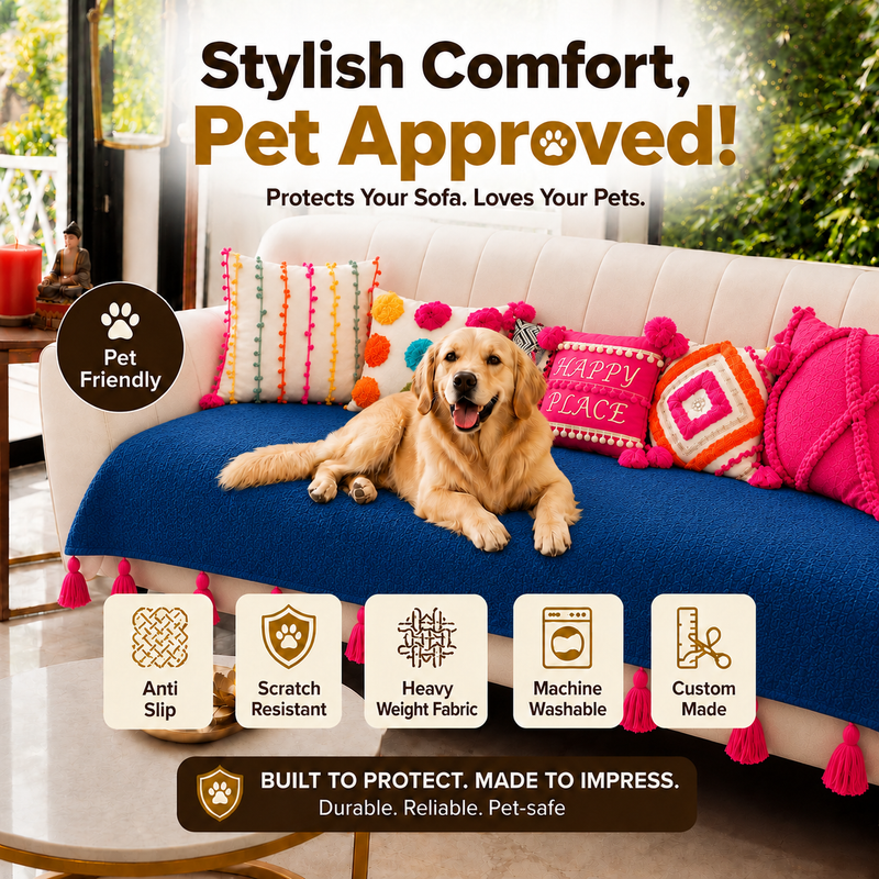 Navy Blue Single Seater Sofa Cover With Tassels |Sofa Throw Set